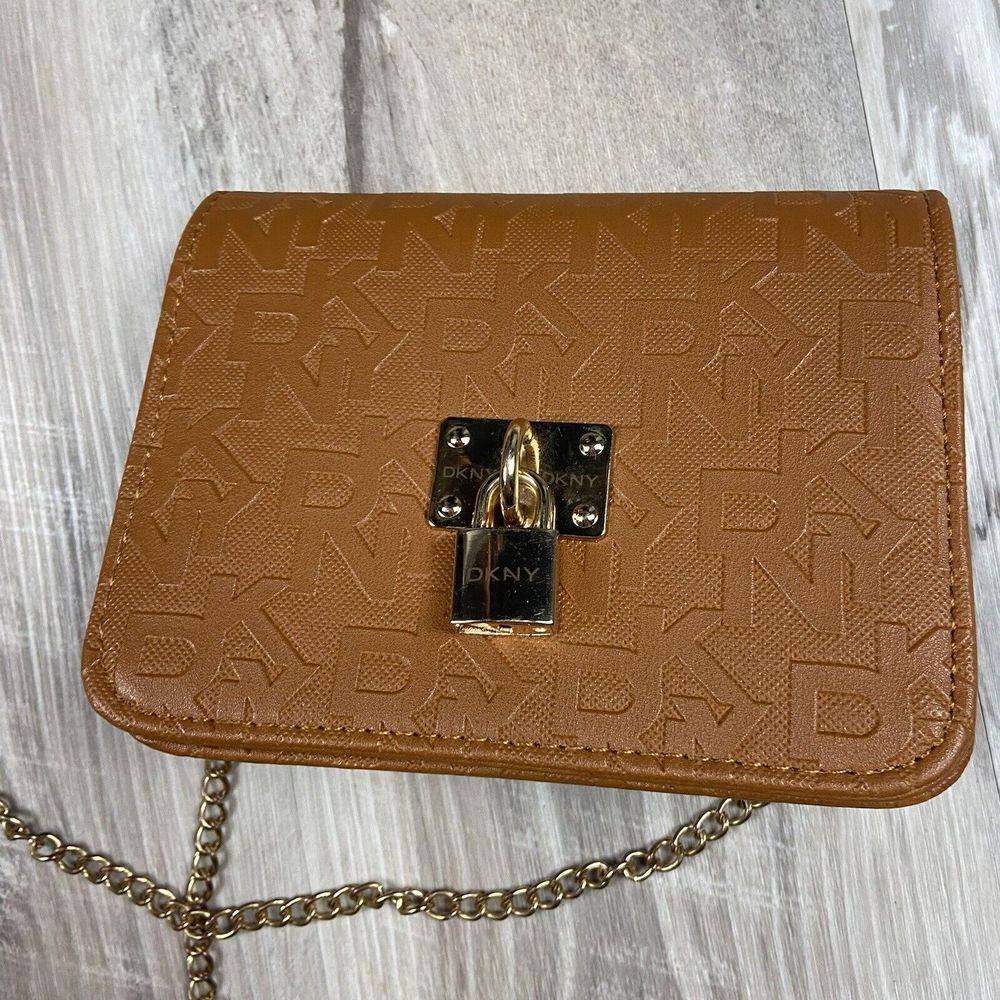 DKNY Bag Brown Leather Chain Logo Evening‎ Bag